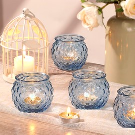 DARJEN Blue Votive Candle Holders Set of 24- Round Glass Candle Holders Bulk for Tea Light Candle, Diamond Texture Candle Votives for Wedding Centerpiece, Party & Home Decor