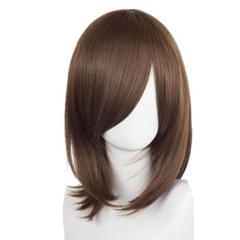 KiyaCos 40cm Brown Short Women Wig Straight Synthetic Fiber Shoulder Length Cosplay Wig Full Bangs