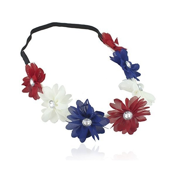 LUX ACCESSORIES Red White Blue American Flag 4th of July Independence Floral Flower Stretch Crystal Headband