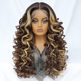 Felek Honey Blonde Highlight Wig Long Synthetic Loose Wave Lace Front Wigs for Black Women Ombre Brown 13x6 HD Transparent Lace Frontal Wigs Pre Plucked Wear and Go Glueless Curly Wig 24 inch P4/27