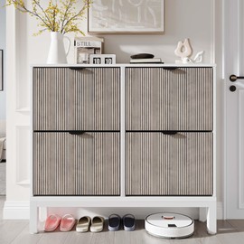 IDEALHOUSE Shoe Storage Cabinet with 4 Flip Drawers, Farmhouse Fluted Shoe Organizer with Metal Legs, Freestanding Hidden Slim Narrow Shoe Rack for Entryway, Foyer, Hallway