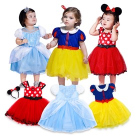 AlecosFun Princess Costume Trunk for Toddler Girls, 4 Pcs Fancy Dresses Tutu Skirts Headband for Babies Birthday 12-18M