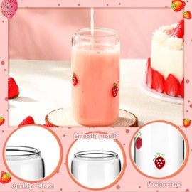 Meanplan 4 Pcs Icon Juice Glass Tumblers - 17 oz Strawberry Icon Glass Cups with Lid, Straw and Cleaning Brush, Tea Beer Coffee Soda Glassware for Halloween Thanksgiving Christmas Party Gifts