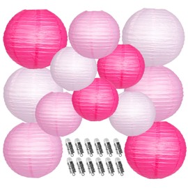 YUNXUAN Paper Lanterns Decorative, Pink Hanging Paper Lanterns with Lights for Engagement Bachelorette Birthday Party 12 LED Light Round Chinese Lanterns 12" 10" Pack of 12