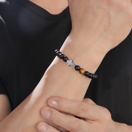 JoycuFF Christian Baptism Gifts for Men, Religious Faith Jewelry Mens Cross Bracelet, Religious Confirmation Communion Baptism Gift for Son Grandson Teen Boy