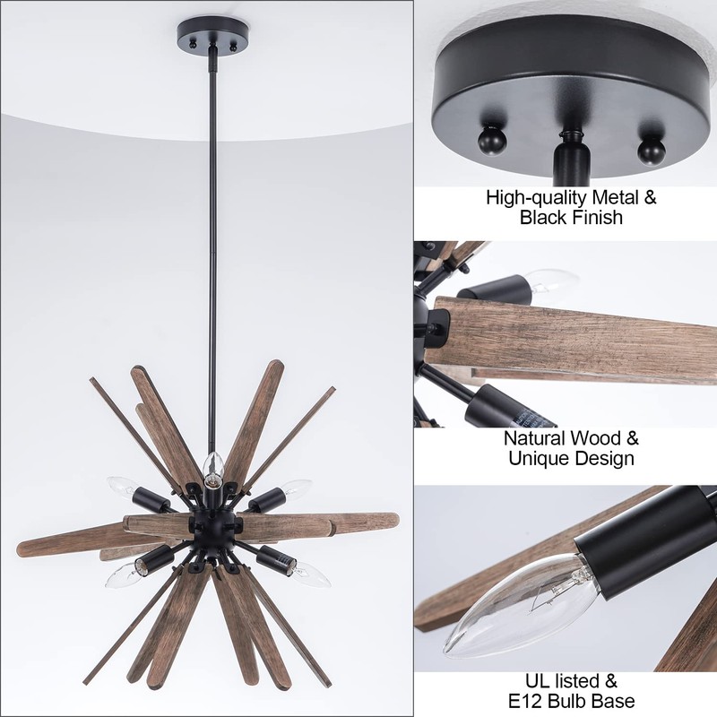 VANZARLA 6-Light Sputnik Pendant Light Black, Wood Chandelier for Dining