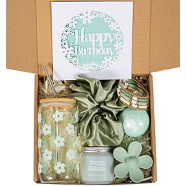 Birthday Gifts For Women, Teen Girl, Her, Happy Birthday Gift Box For Girl, Women, Sister, Daughter, Friends, Cute Daisy Aesthetic Glass Cups Gift Set 7pcs (Mint Green)
