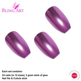 Bling Art False Nails Purple Metallic Ballerina Coffin 24 False Nails Long Tips with Glue