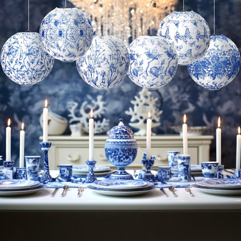 12 Pcs Blue and White Paper Lantern 8 Inch Chinoiserie