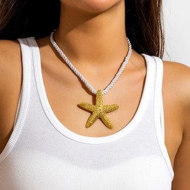 XUN Zhe Boho Conch Shell Starfish Pendant Necklace Ocean Animal Sea Shell Statement Necklace Bohemian Beach Spiral Shell Clavicle Necklace Jewelry for Women (Starfish Gold)