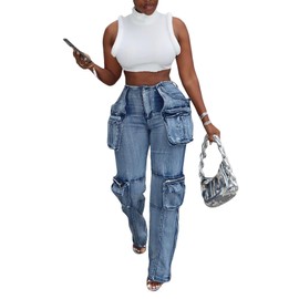 Vaceky Trendy Cargo Jeans Women High Waist Stretch Straight Leg Zipper Bottoms Denim Pants with Pockets Blue