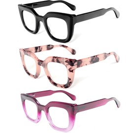 REAVEE 3 Pack Oprah Style Reading Glasses for Women Thick Frame, Blue Light Blocking Computer Stylish Cute Readers Cheaters with Spring Hinge, Black+Pink Leopard+Purple, 1.5