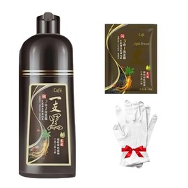 CAFÉ- Shampoo Tinte Instantáneo Para Cabello, Castaño, Con Extracto de Jengibre y Ginseng, 500ml Más 1 Sobre de Viaje de Regalo (30g) y Guantes, Cubre
