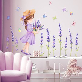 WOHAHA Wall Sticker, Stylish, Purple Lavender, Plants, Fluttering Butterflies, Girl Picking Flowers, Wallpaper Sticker, Removable, Stylish, Living Room, Rental, Bedroom, Wall Flowers, Wall Decoration,