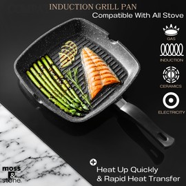 Moss & Stone Aluminum Nonstick Grill Pan for Stove Tops, Versatile Griddle with Pour Spouts, Square Grill Pan Big Cooking Surface, Durable Skillet Indoor & Outdoor Grilling. PFOA Free, 11 Inch
