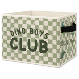 Dinosaur Boy Nursery Foldable Storage Bins Box with Handles, Dino Boys Club Green Checkered Collapsible Organizer Basket for Kids Toddler Boys Room Bedroom Bathroom Clothes Books