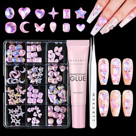 Makartt Nail Charms Rhinestone Glue Kit 15ml Gel Nail Glue with 100PCS Pink Rhinestone Gems 3D Nail Art Decor with Tweezer Acrylic Nail Supply for Nail Techs DIY Nail Decorations Gift