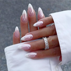 French Tip Press on Nails Almond Fake Nails Chrome False Nails Medium Acrylic Nails with Design White Tips Glue on Nails Glossy Full Cover Stick on Nails Artificial Nails for Women Manicure 24Pcs