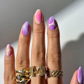 Almond Shaped Press on Nails Pink Purple Gradient Design Short Fake Nails Glossy False Nails Fully Cover Acrylic Nails Stick on Nails for Women Nail DIY Decoration Accessories 24 Pcs