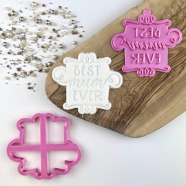 LissieLou Best Mum Ever Style 1 Cookie Cutter and Stamp Love Heart Icing Stamp Fondant Embosser - Light Pink