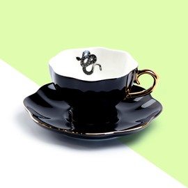 Grace Teaware Black Gold Tea Cup and Saucer with Gold Trim Raven Black Cat Snake Spider Halloween (Snake Tea Cup and Saucer)