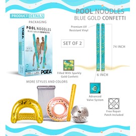 POZA 2 Pack Jumbo Inflatable Pool Noodle Floats - 74-inch Premium Luxurious Giant Pool Noodle Inflatable Floats, Sparkle Blue Gold Glitter Confetti Pool Float Inflatable Noodles for Ocean, Lake, Beach