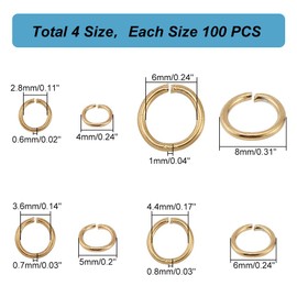PH PandaHall 400pcs 18K Gold Jump Rings, 4 Sizes Golden Open Jump Rings 4/5/6/8mm Stainless Steel Rings Jewelry Connector Rings Unsoldered O Ring for Bracelets Necklaces Chain Choker DIY Craft Making