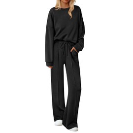 Ekouaer Womens Pajama Sets 2 Piece Lounge Sets Long Sleeve Tops and Pants Cozy Pjs Sleepwear with Pockets,Black,Large