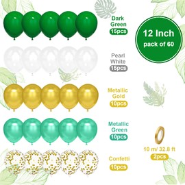 Ousuga Balloons Green Gold, Pack of 60 12 Inch Dark Green White Balloons Metallic Chrome Green Gold Confetti Latex Balloons for Girls Women Birthday Wedding Baby Shower Jungle Safari Decoration