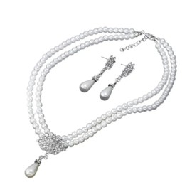 Silver Crystal And Pearl Sparkling Rhinestone Wedding Prom Necklace Earring Set Simulated Pearl Chokers Double Layer Pearl Necklace