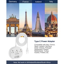 European Travel Plug Adapter with USB C, Multi Country Outlet Adapter with 3 AC Outlets and 4 USB Ports, Type C Plug Converter for US to Most of Europe Iceland Spain Italy France Germany etc