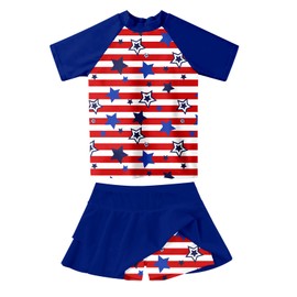American Flag Swimsuits Size 6-7 4th of July Rash Guard 2 Piece Red and Blue Swim Set Short Sleeve Bathing Suits 6Y 7Y
