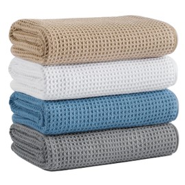 MICROFI Microfiber Waffle Bath Towels, 4 Pieces, Soft, Absorbent, Fast Drying, Lint Free (Beige+Gray+Blue+White)