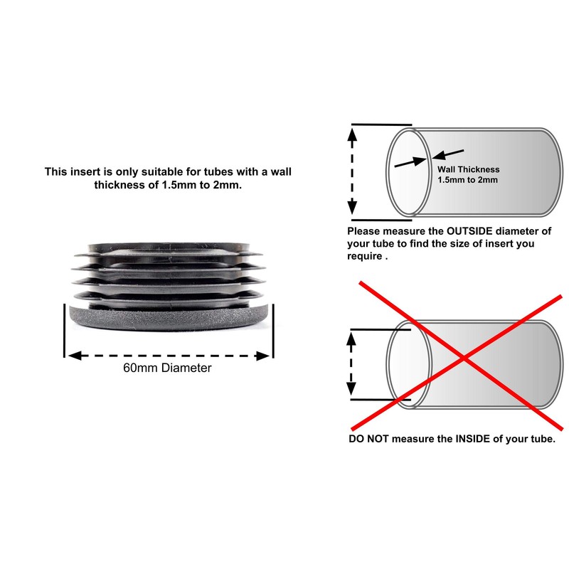 60mm Diameter Round Ribbed Black Plastic Insert Plugs end caps