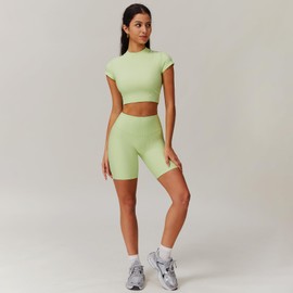 Women’s 2 Piece Workout Set – Short Sleeve Crop Top & High Waist Biker Shorts – Yoga Outfit Activewear for Gym, Running & Training