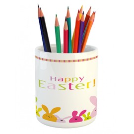 Lunarable Easter Pencil Pen Holder, Cartoon Style Funny Bunnies with Colorful Letters Coming of Spring Happy Animals, Ceramic Pencil Holder for Desk Office Accessory, 3.6" X 3.2", Multicolor