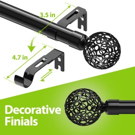Long Curtain rods 66 to 110 inch Easy Install, Adjustable Splicing Curtain Rods for Windows Treatment, 1" Diameter Heavy Duty Metal Drapery Rod Set, Ball Cage Finials, Black