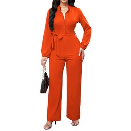 Casual Jumpsuits for Women Elegant Orange Button Down Long Sleeve Long Straight Pants Jumpsuit with Pockets Belt(Medium)