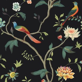 Fvlow Floral Peel and Stick Wallpaper Black Birds Flowers Wallpaper Vinyl Wrap Kitchen Worktop Covering Self Adhesive Thick Vintage Contact Paper for Cabinets Drawers Removable Sticker 17.4" x 118"