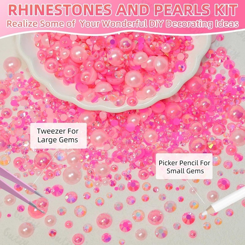 14000Pcs Pink Flatback Rhinestones and Pearls for Bedazzling Kit