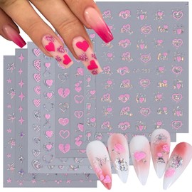 Valentine's Day Nail Art Stickers Decals Pink Silver Glitter Heart Nail Stickers 8PCS Heart Rose Star Love Letter Valentines Nails Art Supplies Nail Decals Manicure Slider for Women Nail Decoration