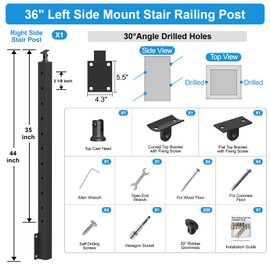 RailinGo 36" Side Mount Stair Railing Post, Stainless Steel Right Side 25~35° Stair Post w/Cable Grommets, Space-Saving Fascia Mount Deck Stair Railing System, 1/8" Black Cable Railing Kit, RG73