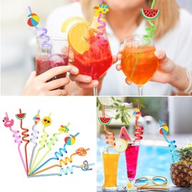 Curly Plastic Straw, Pack of 8 Plastic Straws, Curly Colourful Straws, Summer Hawaii Pool Party Straws, Reusable Drinking Straws, 8 Colours, for Birthday Parties