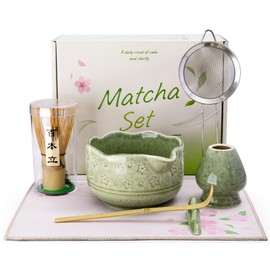 Doublewhale Matcha Set - Whisk and Bowl Kit, Matcha Whisk Set 7PCS Ceramic Bowl and Holder, Bamboo Scoop and Holder, Sifter, Tea Cloth, Making Kit Gift for Beginners and Enthusiasts with Elegant Box