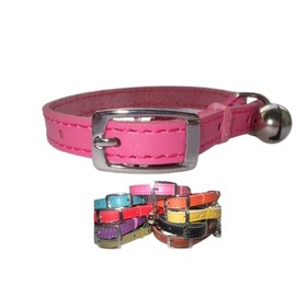Leather cat collar, safety elastic, bell, metal buckle (Pink)