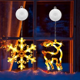 EKKONG Christmas Lighting Window Pack of 2 Window Lighting Christmas with Suction Cups LED Warm White Window Light Christmas Snowflake Reindeer Christmas Window Lighting for Indoor Outdoor Balcony