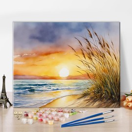 TUMOVO Sunset Paint by Numbers for Adults Sand and Beautiful Sunset Sky DIY Adult Paint by Number Kits on Canvas Beach and Grass Painting by Numbers Oil Painting Art Crafts 16x20 in