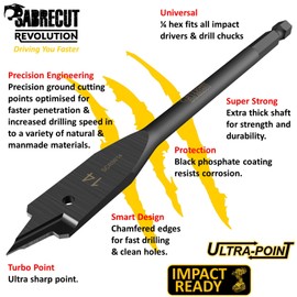3 x SabreCut SCRIW14_3 14mm x 152mm Impact Rated Flat Wood Spade Bits Compatible with Bosch Dewalt Makita Milwaukee and Many Others