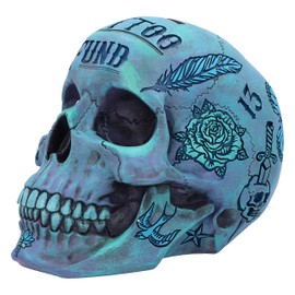 Nemesis Now Aqua Blue Traditional, Tribal Tattoo Fund Skull, Polyresin, One Size