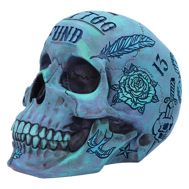 Nemesis Now Aqua Blue Traditional, Tribal Tattoo Fund Skull, Polyresin,